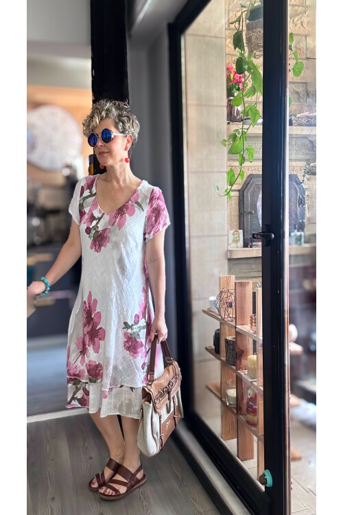 Cello İtalyan Zambak Desenli Elbise Beyaz