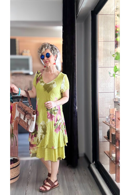 Cello İtalyan Zambak Desenli Elbise Fıstık Yeşil