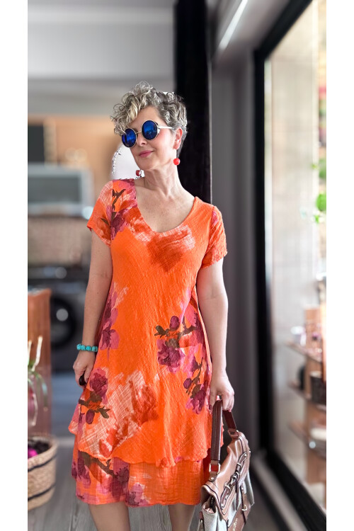Cello İtalyan Zambak Desenli Elbise Turuncu