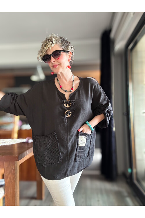 Chiquitita Tasarım File Cep Detay Bluz Siyah
