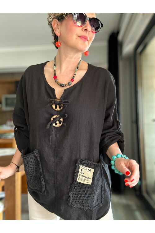 Chiquitita Tasarım File Cep Detay Bluz Siyah