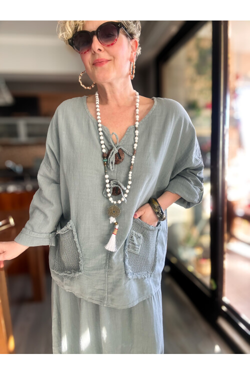 Chiquitita Tasarım File Cep Detay Bluz Gri