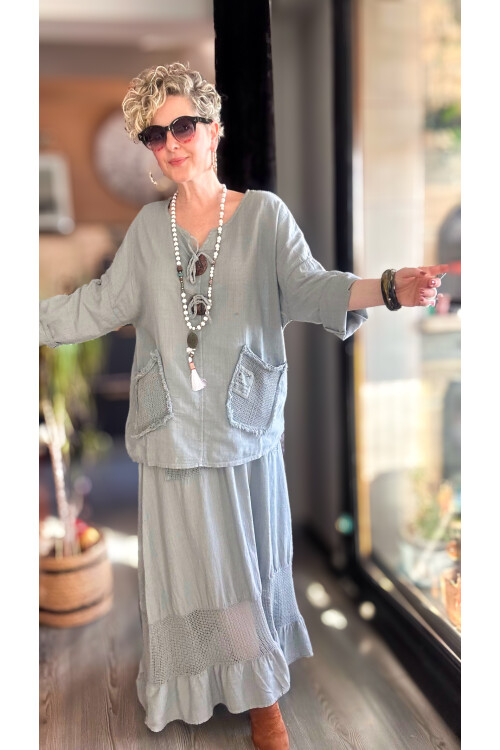 Chiquitita Tasarım File Cep Detay Bluz Gri