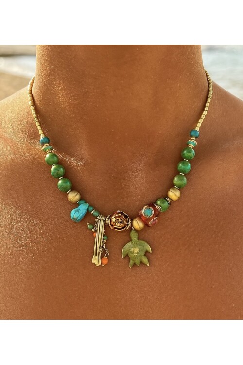 Crush Pirinç Cam Etnik Kolye