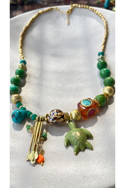 Crush Pirinç Cam Etnik Kolye