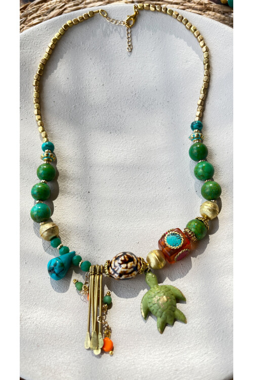 Crush Pirinç Cam Etnik Kolye