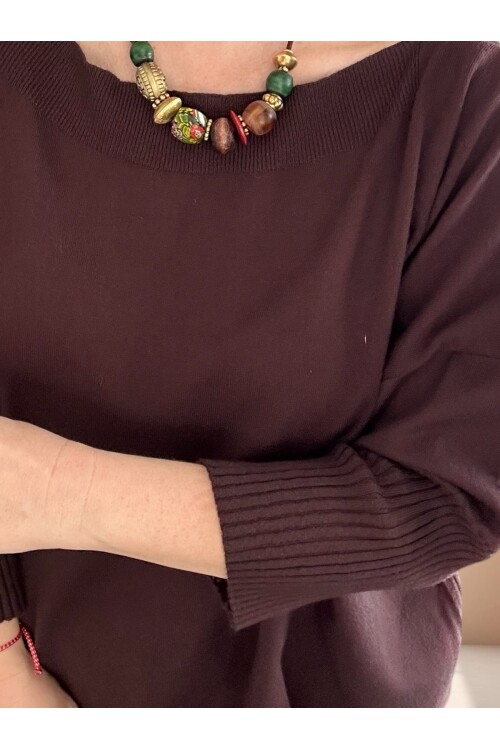 Delfi Tasarım Kayık Yaka Triko Bluz Acı Kahve