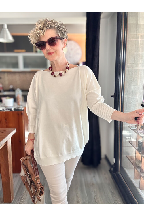 Delfi Tasarım Kayık Yaka Triko Bluz Ekru
