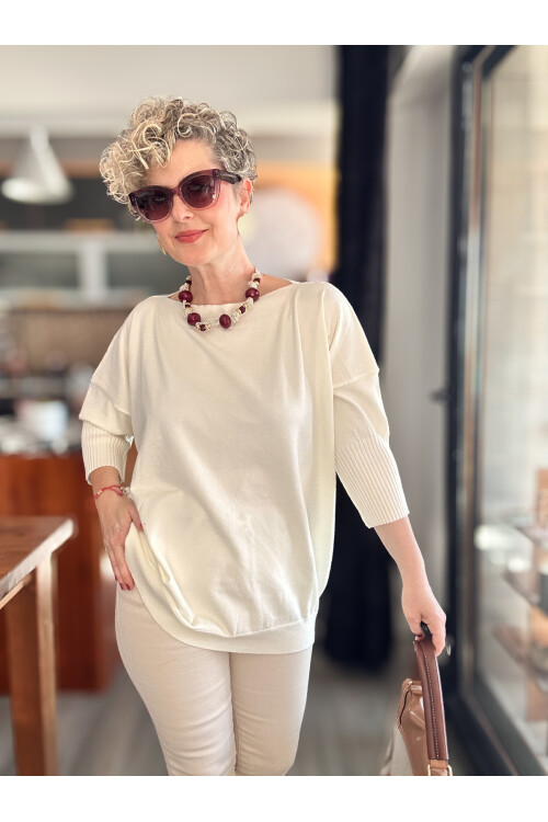 Delfi Tasarım Kayık Yaka Triko Bluz Ekru