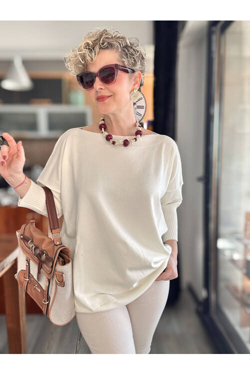 Delfi Tasarım Kayık Yaka Triko Bluz Ekru