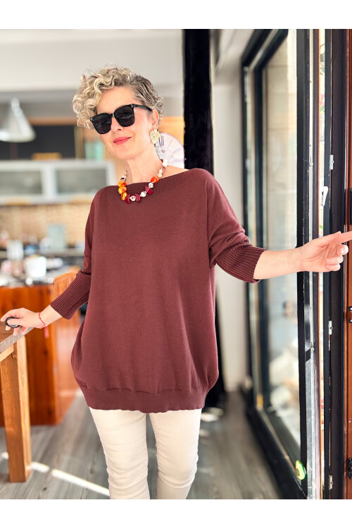 Delfi Tasarım Kayık Yaka Triko Bluz Kahverengi