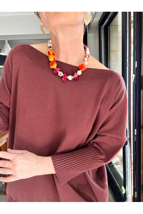 Delfi Tasarım Kayık Yaka Triko Bluz Kahverengi