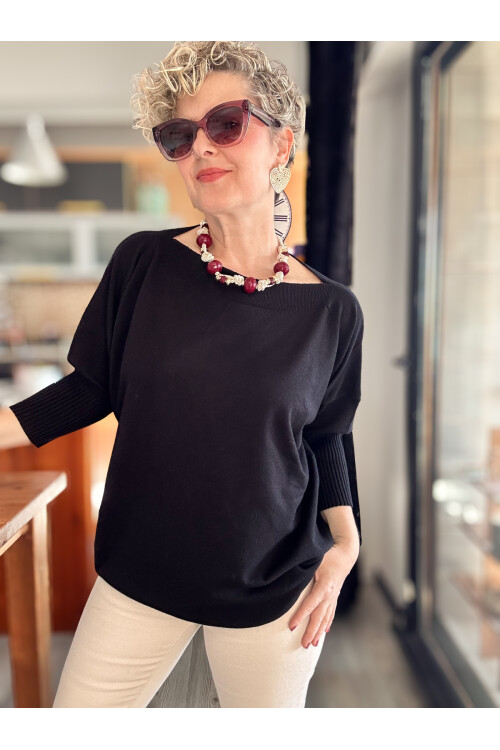 Delfi Tasarım Kayık Yaka Triko Bluz Siyah