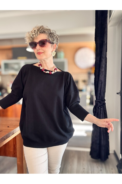 Delfi Tasarım Kayık Yaka Triko Bluz Siyah
