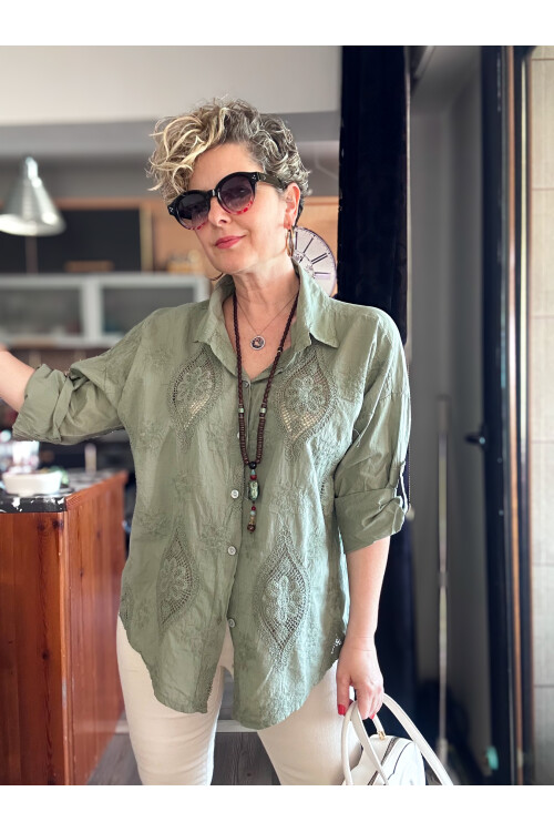 Disse İtalyan Fisto Oval Çiçek Desen Gömlek Haki