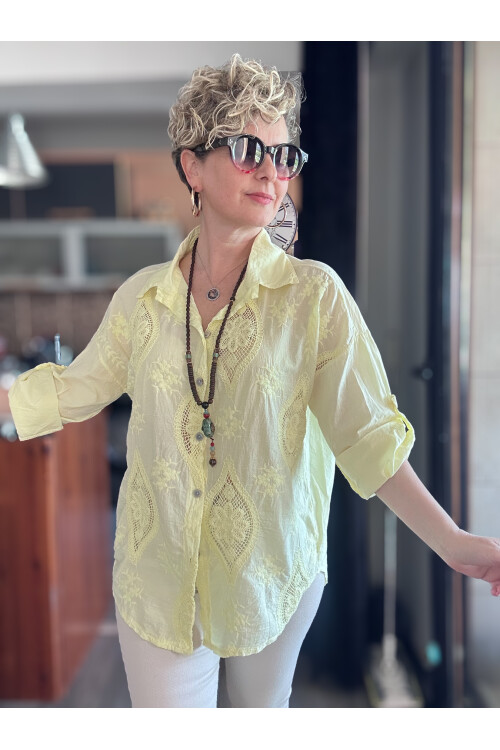 Disse İtalyan Fisto Oval Çiçek Desen Gömlek Sarı
