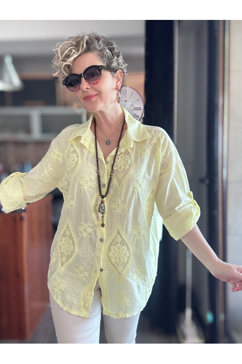 Disse İtalyan Fisto Oval Çiçek Desen Gömlek Sarı