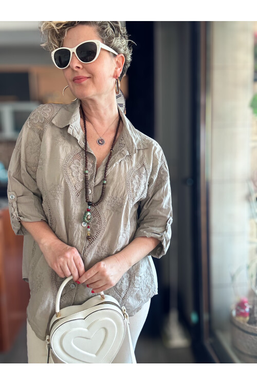 Disse İtalyan Fisto Oval Çiçek Desen Gömlek Vizon