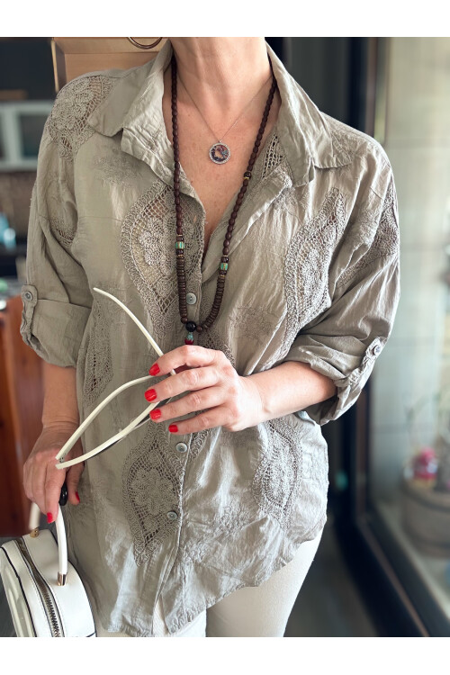 Disse İtalyan Fisto Oval Çiçek Desen Gömlek Vizon