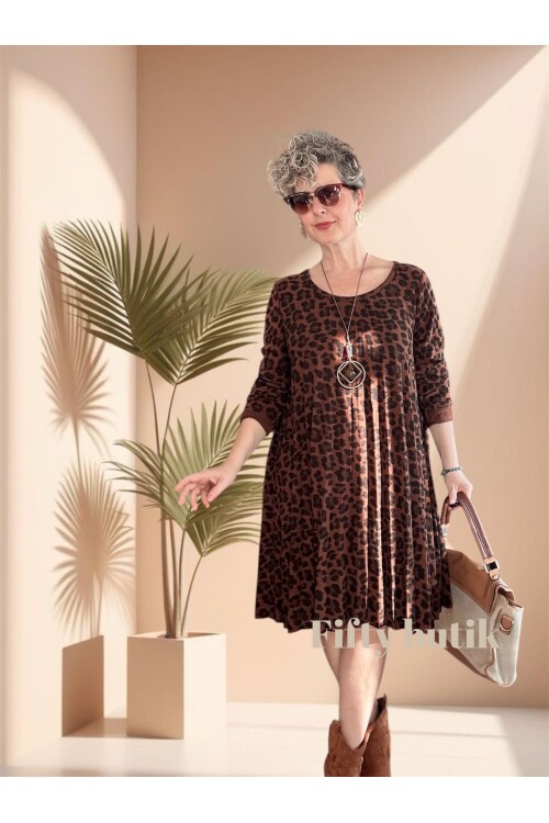 Dutti İtalyan Leopar Desen Kolyeli Pilise Elbise Tarçın