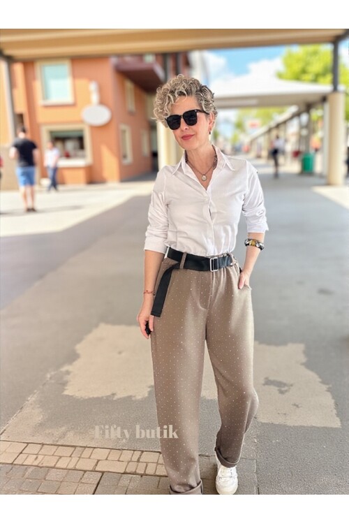 Effos İtalyan Taşlı Kemerli Pantolon Vizon