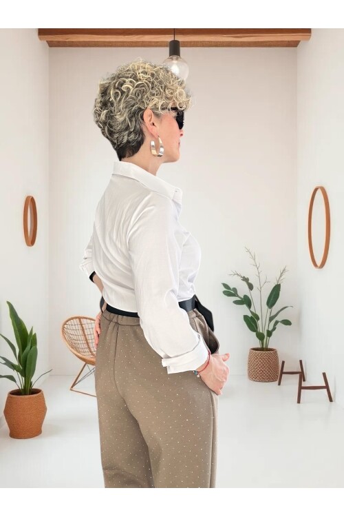 Effos İtalyan Taşlı Kemerli Pantolon Vizon