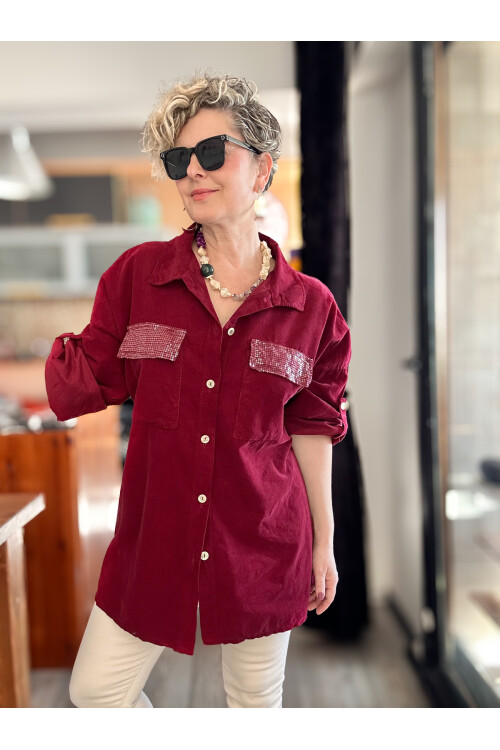 Ensana İtalyan Kadife Cep Pul Gömlek Bordo