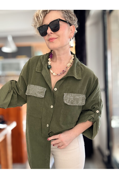 Ensana İtalyan Kadife Cep Pul Gömlek Haki