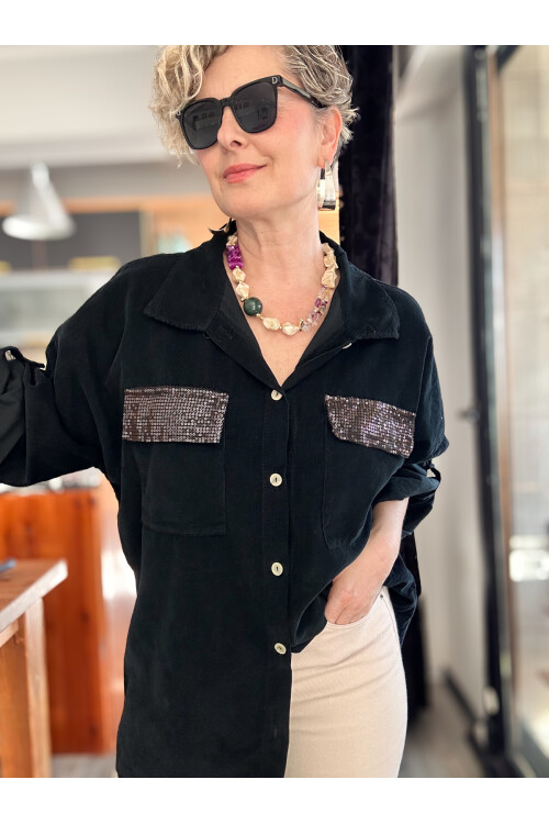 Ensana İtalyan Kadife Cep Pul Gömlek Siyah