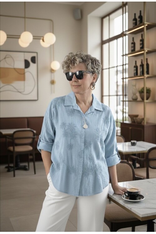 Eyyo İtalyan Dolgu Çiçek Desen Gömlek Bebe Mavi