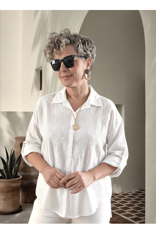 Eyyo İtalyan Dolgu Çiçek Desen Gömlek Beyaz