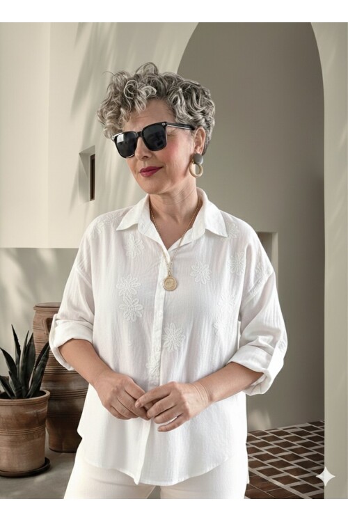 Eyyo İtalyan Dolgu Çiçek Desen Gömlek Beyaz