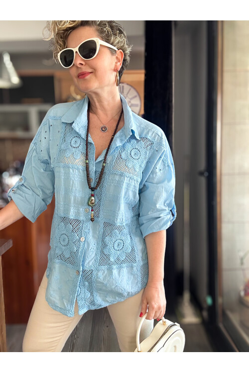 Ferru İtalyan Fisto Kare Çiçek Desen Gömlek Bebe Mavi