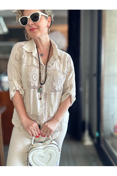 Eyyo İtalyan Fisto Kare Çiçek Desen Gömlek Bej