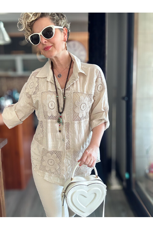 Ferru İtalyan Fisto Kare Çiçek Desen Gömlek Bej