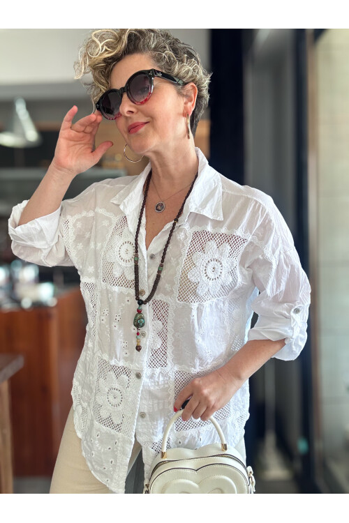 Ferru İtalyan Fisto Kare Çiçek Desen Gömlek Beyaz