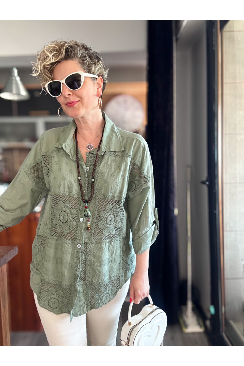 Eyyo İtalyan Fisto Kare Çiçek Desen Gömlek Haki