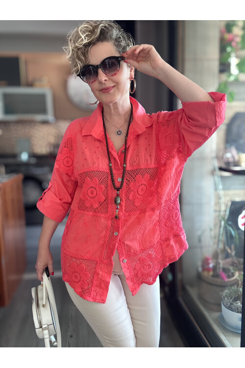 Ferru İtalyan Fisto Kare Çiçek Desen Gömlek Mercan