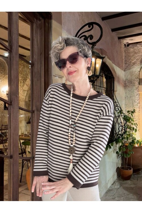 Fabri Çizgili İnce Triko Bluz - Kahve & Beige