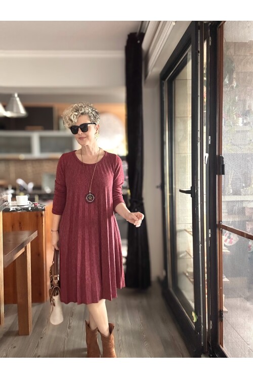 Fabro İtalyan Kolyeli Pilise Detay Elbise Bordo