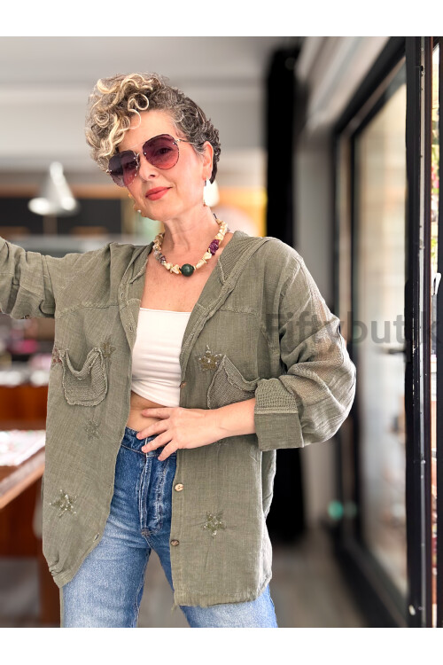 Feliz Yıldız File Detay Pul İşleme Hırka Ceket Haki