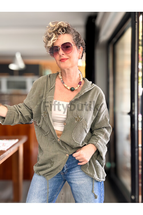 Feliz Yıldız File Detay Pul İşleme Hırka Ceket Haki