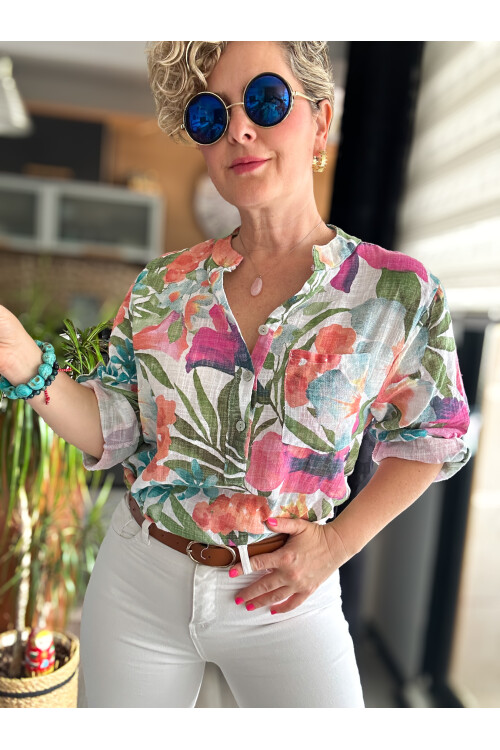 Felli Zambak Desen Desenli İtalyan Gömlek Beyaz