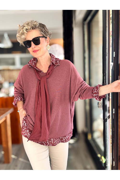 Femme İtalyan Gömlekli Bluz Triko Takım Bordo