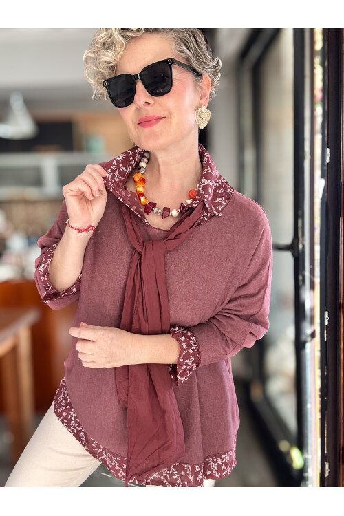 Femme İtalyan Gömlekli Bluz Triko Takım Bordo