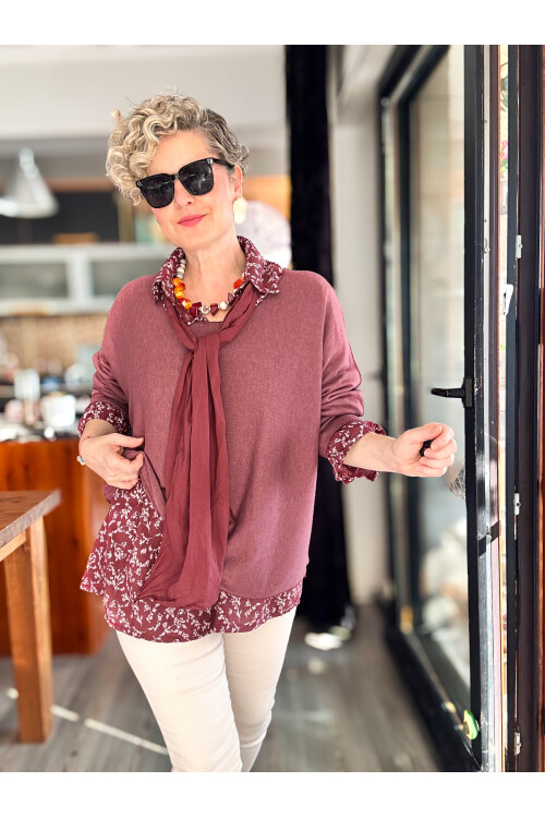 Femme İtalyan Gömlekli Bluz Triko Takım Bordo