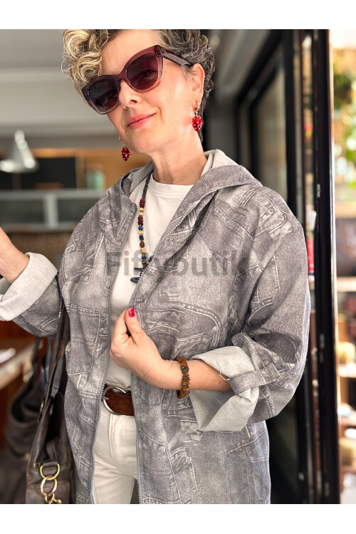 Ferdis Tasarım Desenli Ceket Gri