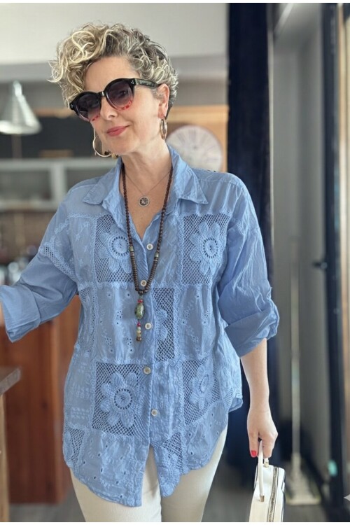 Ferru İtalyan Fisto Kare Çiçek Desen Gömlek Açık İndigo