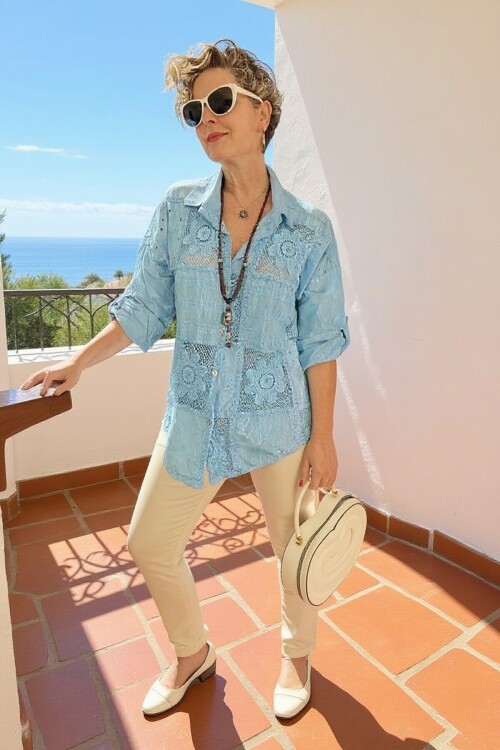 Ferru İtalyan Fisto Kare Çiçek Desen Gömlek Bebe Mavi