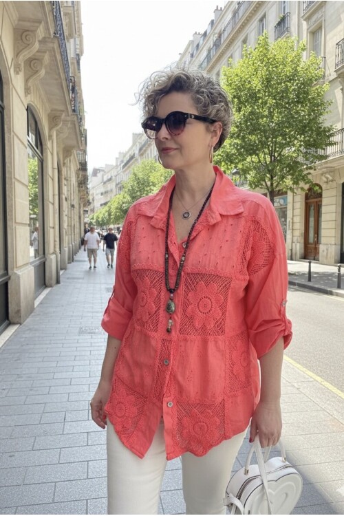 Ferru İtalyan Fisto Kare Çiçek Desen Gömlek Mercan